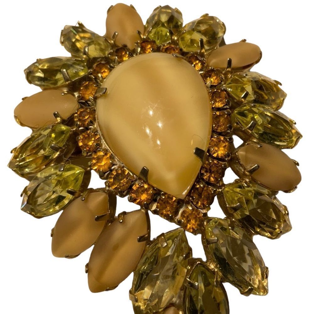 Vintage Teardrop Brooch Pin Amber Green Glass Rhinestone Art Nouveau Uns…